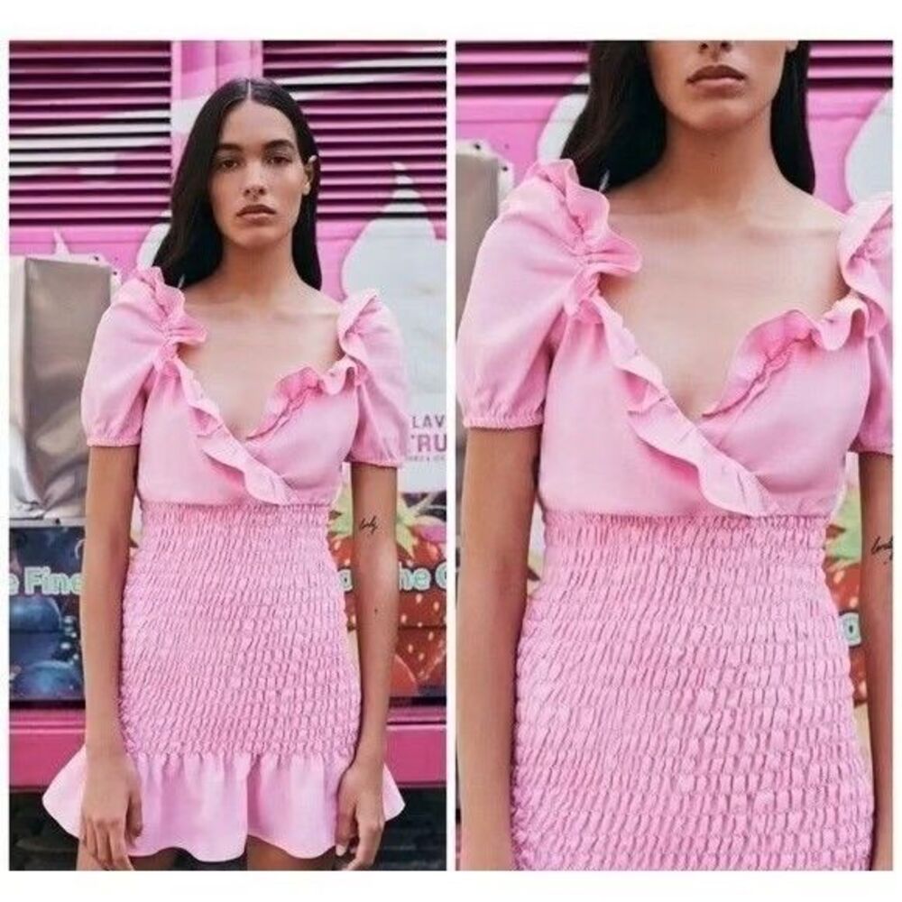 ZARA Pink Linen Blend Smocked Frill Ruffle Trim Mini Dress Size M Bloggers Fave